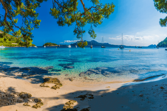 crystal clear blue sea and golden sand beach in palma mallorca