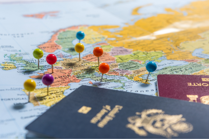 holiday planning on a map with passport