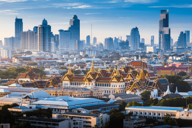 skyscape of bangkok with palace and sky scrapers