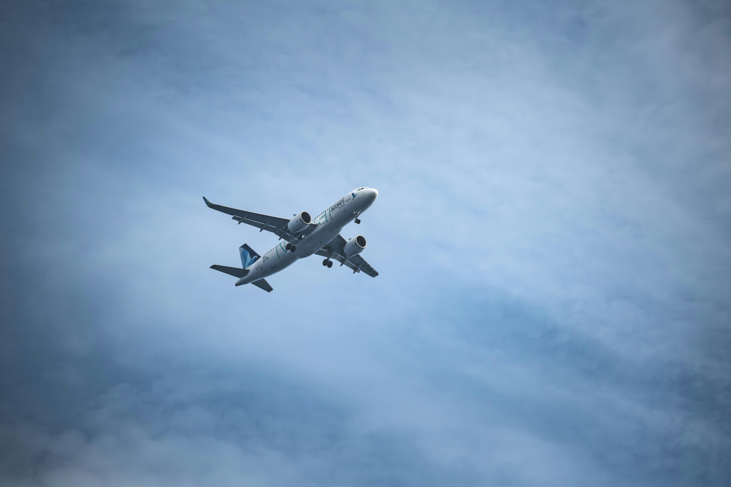 Airplane soaring through a clear blue sky, capturing a dynamic aerial view.